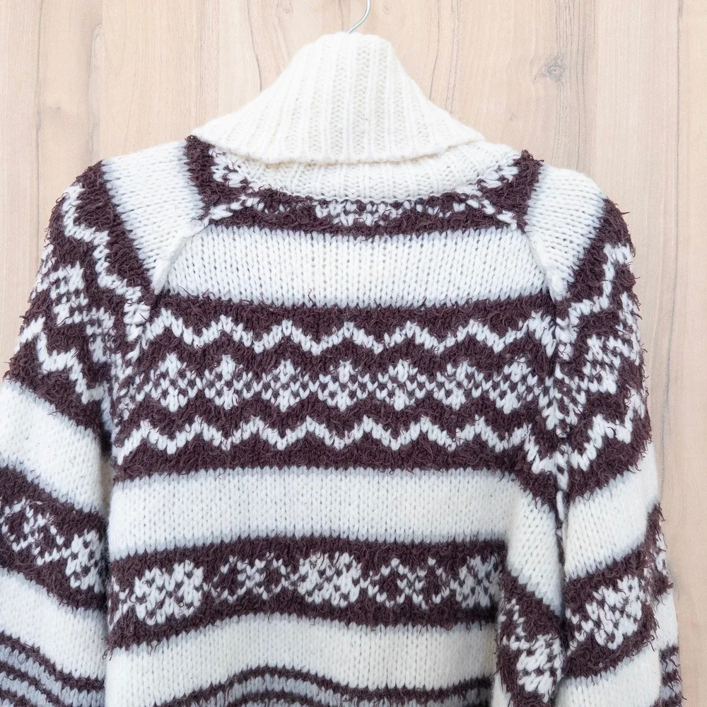 Free People Fair‎ Isle Oversized Turtleneck Sweater Sz M Brown White Apres Ski